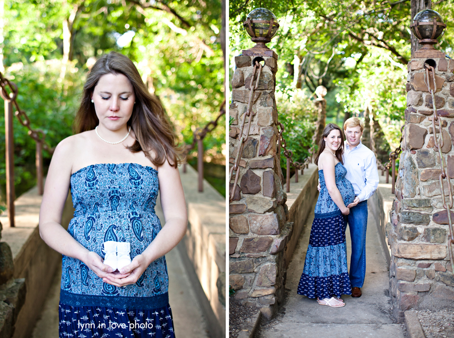 Dallas Maternity in blue dress on bridge