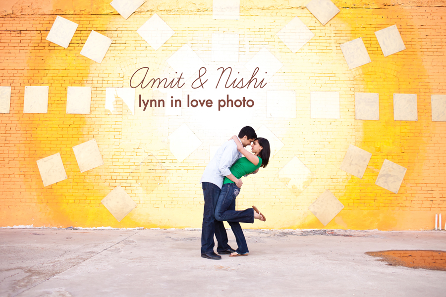 Amit and Nishi's Colorful Dallas Engagement session in Deep Ellum in front of yellow sunburst wall by Lynn in Love Photo, Dallas Wedding Photographer