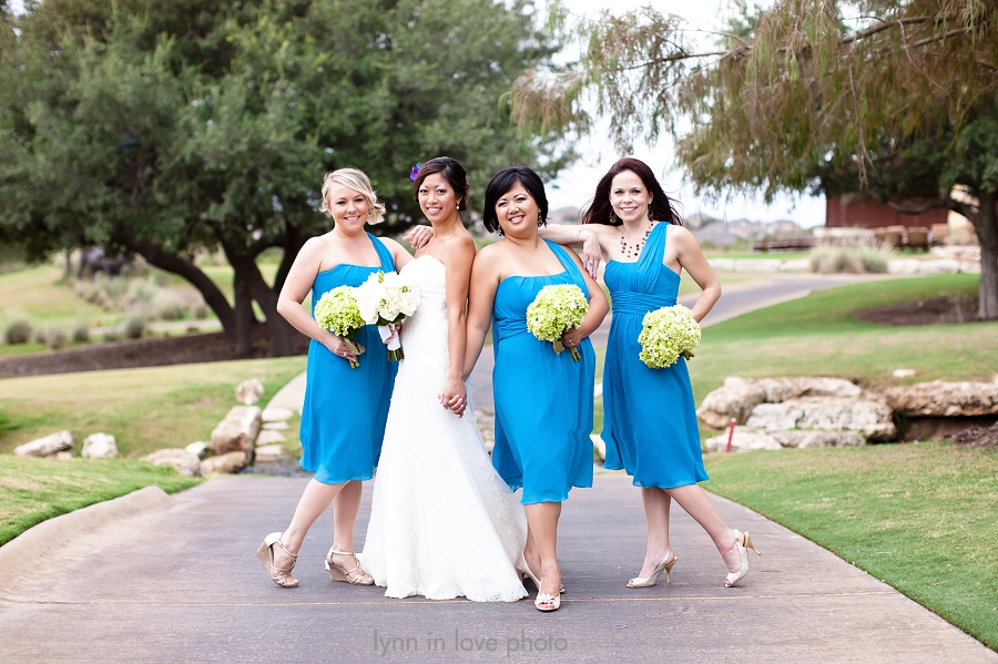 Sassy bridal Party in peacock blue one shoulder bridesmaid dress