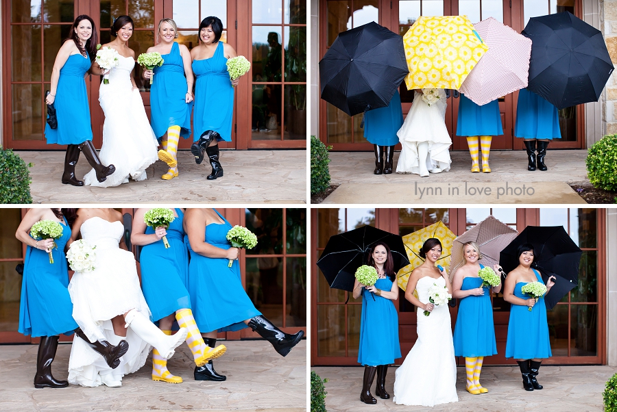 Austin Bridal Party in rainboots and umbrellas