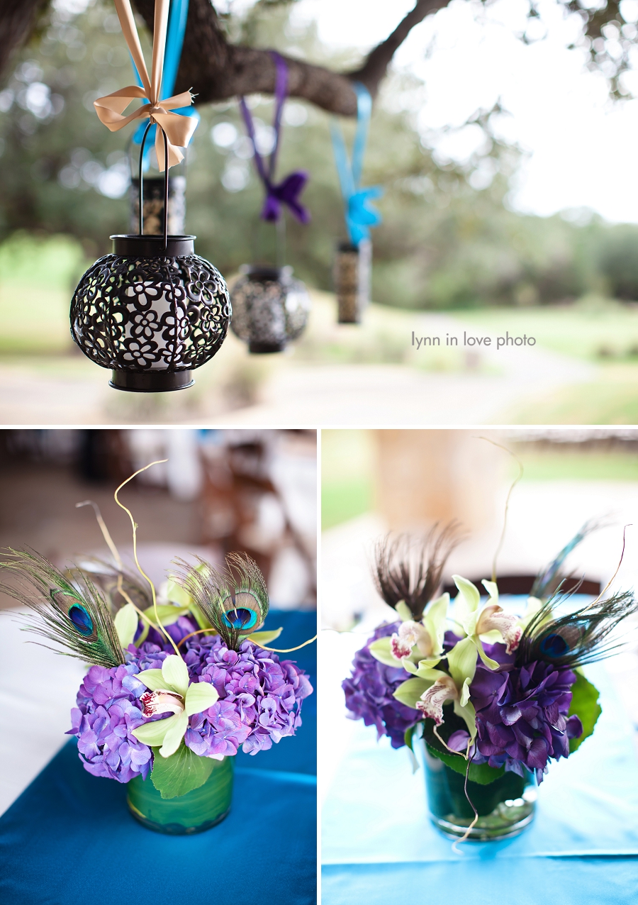 purple and peacock blue wedding reception details