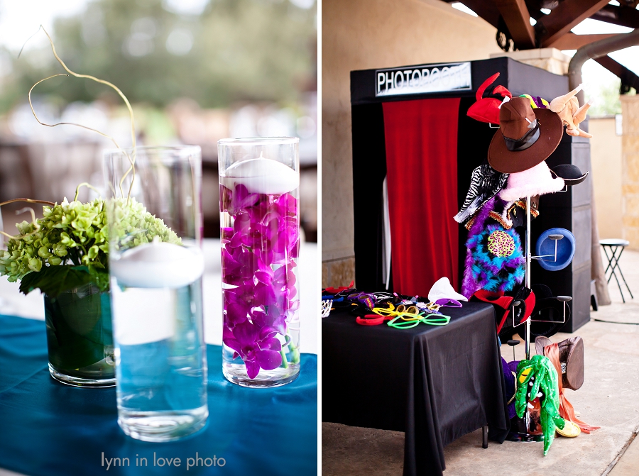vase with purple orchids and photobooth wedding details