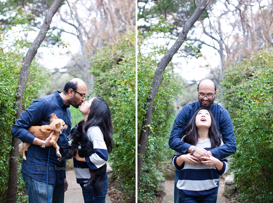 Vivek and Jennifer's Sweet Portrait Love Shoot with two chihuahuas and navy blue and gray clothesin Highland Park, Dallas, TX by Lynn in Love Photo, Dallas Portrait Photographer 