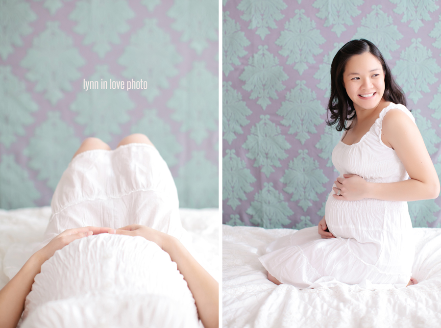 Lan_Maternity_Blog_003 Lan's soft and romantic maternity session with white dress and seafoam drop it modern backdrop by Lynn in Love Photo, Dallas Maternity Photographer