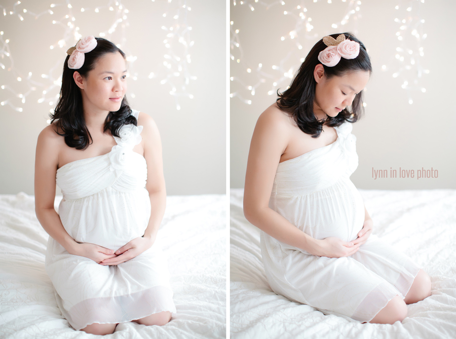 Lan_Maternity_Blog_004 Lan's soft and romantic maternity session with white dress and lights and pink rose headband by Lynn in Love Photo, Dallas Maternity Photographer