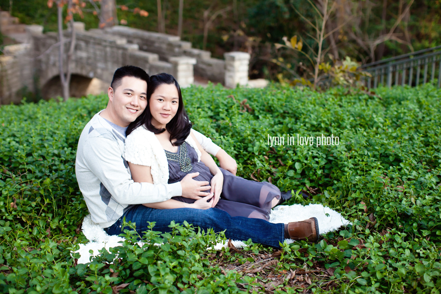 Lan_Maternity_Blog_008 Lan and Herman's romantic maternity session in Highland Park in gray dress and white shawlby Lynn in Love Photo, Dallas Maternity Photographer