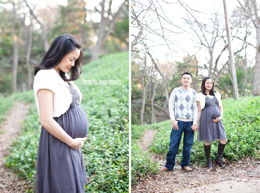 Lan_Maternity_Blog_010 Lan and Herman's romantic maternity session in Highland Park in gray dress and white shawlby Lynn in Love Photo, Dallas Maternity Photographer