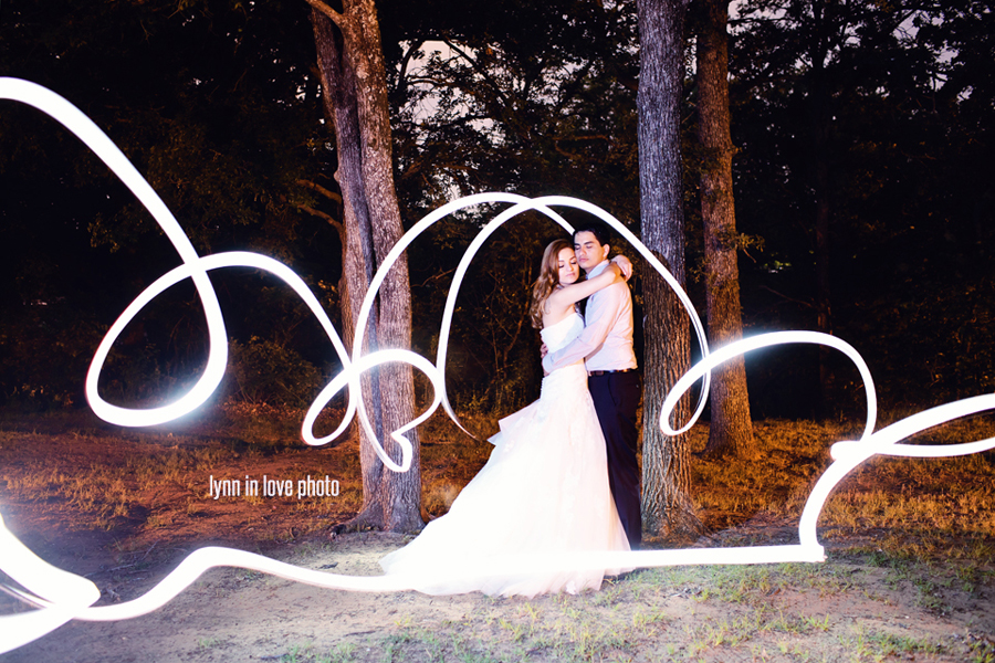 Gabi and Oscar's outdoor wedding with night shot and light painting by Lynn in Love Photo, Dallas Wedding Photographer