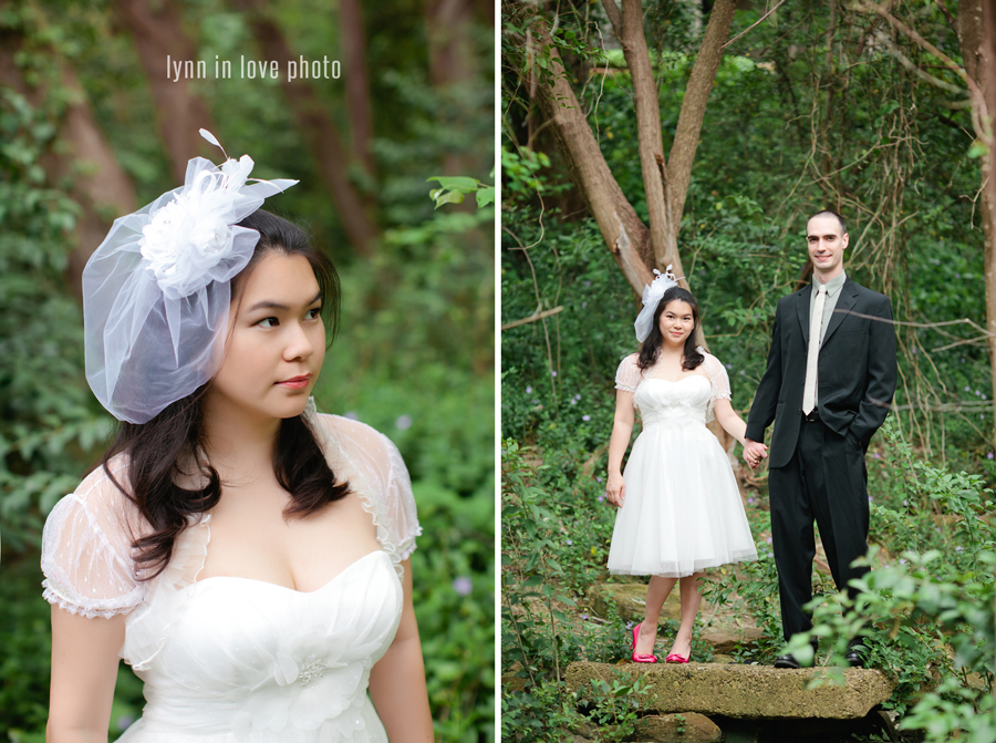 Minh and Thomas's Retro Vintage Bride + groom session in a lush green Dallas Park with a birdcage fascinator and veil  by Lynn in Love Photo, Dallas Wedding Photographer