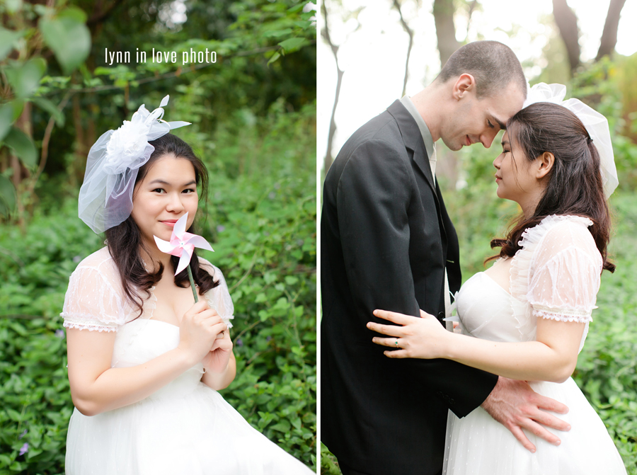 Minh and Thomas's Retro Vintage Bride + groom session in a lush green Dallas Park with DIY pinwheel favor by Lynn in Love Photo, Dallas Wedding Photographer