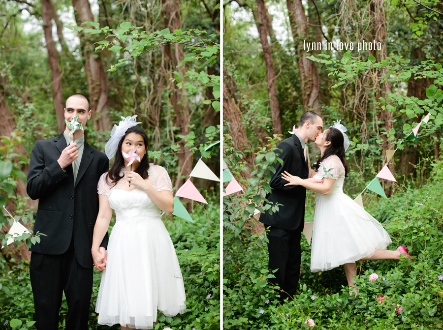 Minh and Thomas's Retro Vintage Bride + groom session in a lush green Dallas Park with bunting and adorable tea length dress by Lynn in Love Photo, Dallas Wedding Photographer