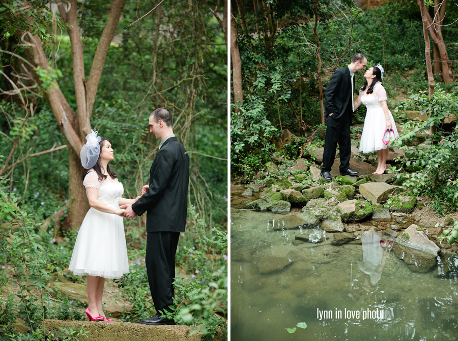 Minh and Thomas's Retro Vintage Bride + groom session in a lush green Dallas Park by pond water by Lynn in Love Photo, Dallas Wedding Photographer