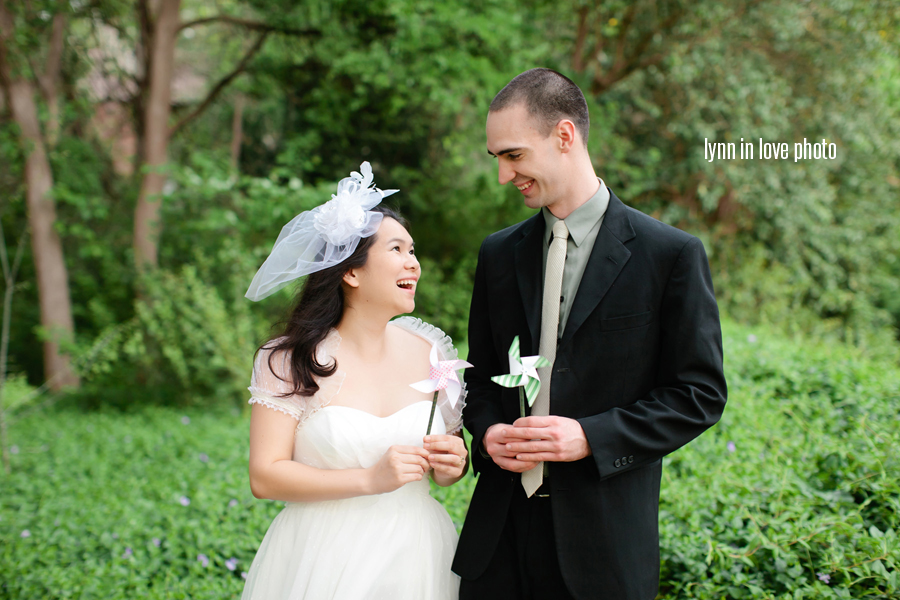 Minh and Thomas's Retro Vintage Bride + groom session in a lush green Dallas Park with DIY pinwheel favor by Lynn in Love Photo, Dallas Wedding Photographer