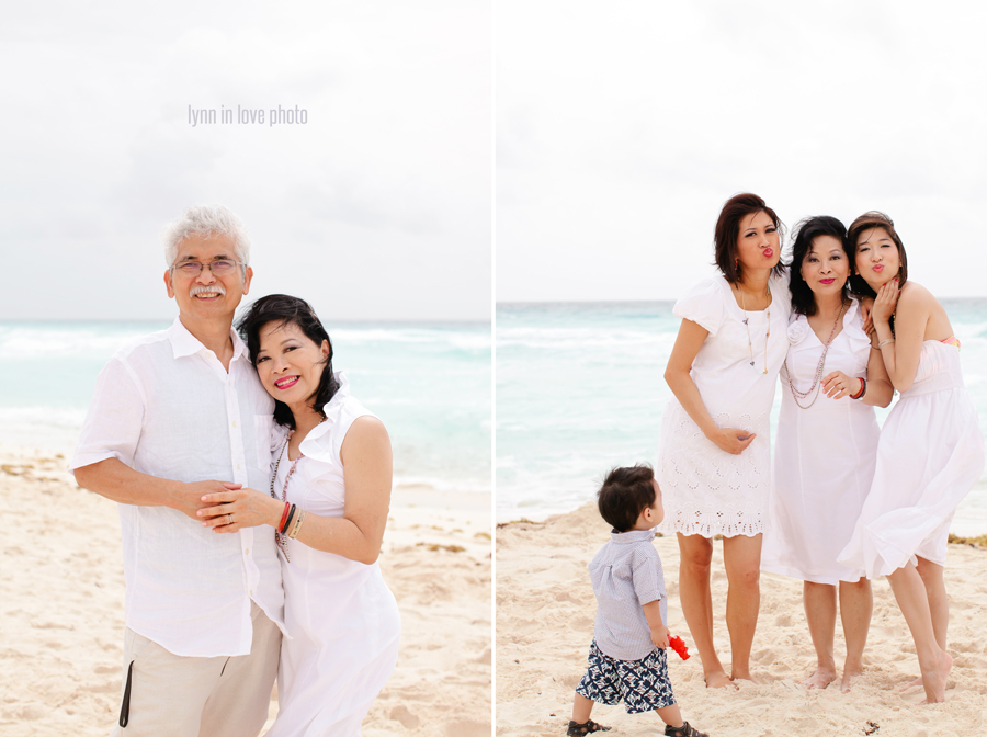 Asian family portraits on the beach in white outfits in Cancun, Mexico, by Lynn in Love Photo, Dallas Family Photographer