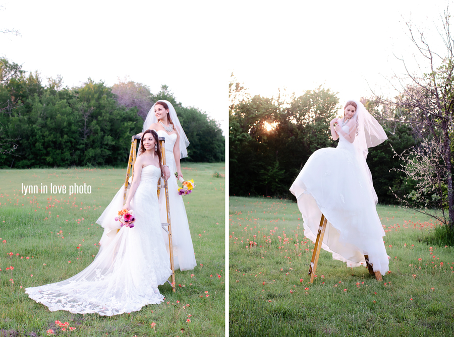 Gabi is a Brazil bride in her Texas Vintage Outdoor Bridals with her Brazilian Sister on a ladder by Lynn in Love Photo, Dallas Wedding Photographer
