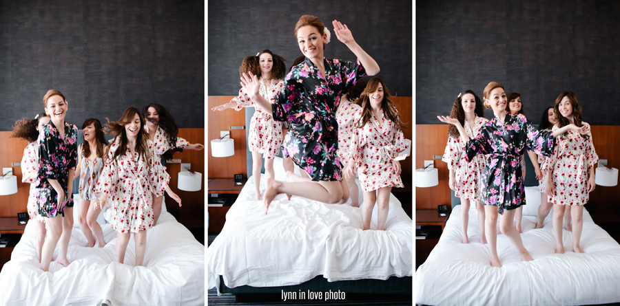 Gabi and Oscar Brazilian Vintage Glam Outdoor Wedding bridal party jumping on the bed by Lynn in Love Photo, Dallas Wedding Photographer