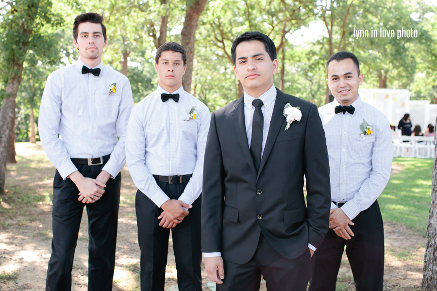 Gabi and Oscar Brazilian Vintage Glam Outdoor Wedding with handsome groom and groomsmen in gingham shirts and black bowties by Lynn in Love Photo, Dallas Wedding Photographer
