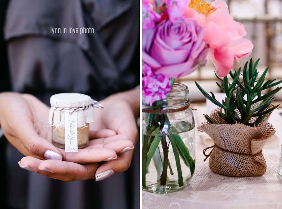 Peonies and vintage details with mini Mason Jars in Dallas Wedding