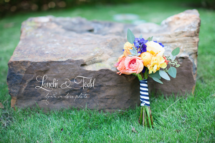 Lanchi and Todd's Rice University and Denver Bronco themed wedding with colorful details like these gorgeous bouquet wrapped in blue and white gingham ribbon by Lynn in Love Photo, Dallas Wedding Photographer
