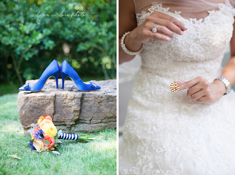 Lanchi and Todd's Rice University and Denver Bronco themed wedding with colorful details like these gorgeous bouquet wrapped in blue and white gingham ribbon and blue bridal shoes by Lynn in Love Photo, Dallas Wedding Photographer