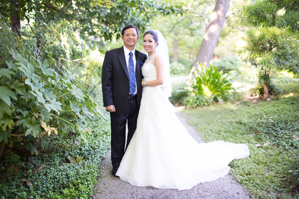 Lanchi and Todd's wedding with beautiful elegant asian bride in watters dress with Father of the Bride at Ft. Worth Japanese Gardens by Lynn in Love Photo, Dallas Wedding Photographer