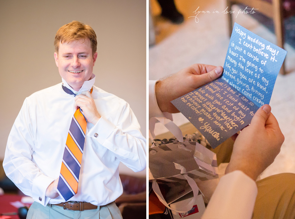 Lanchi and Todd's Rice University and Denver Bronco themed wedding with blue and orange groom's tie and letter from bride by Lynn in Love Photo, Dallas Wedding Photographer