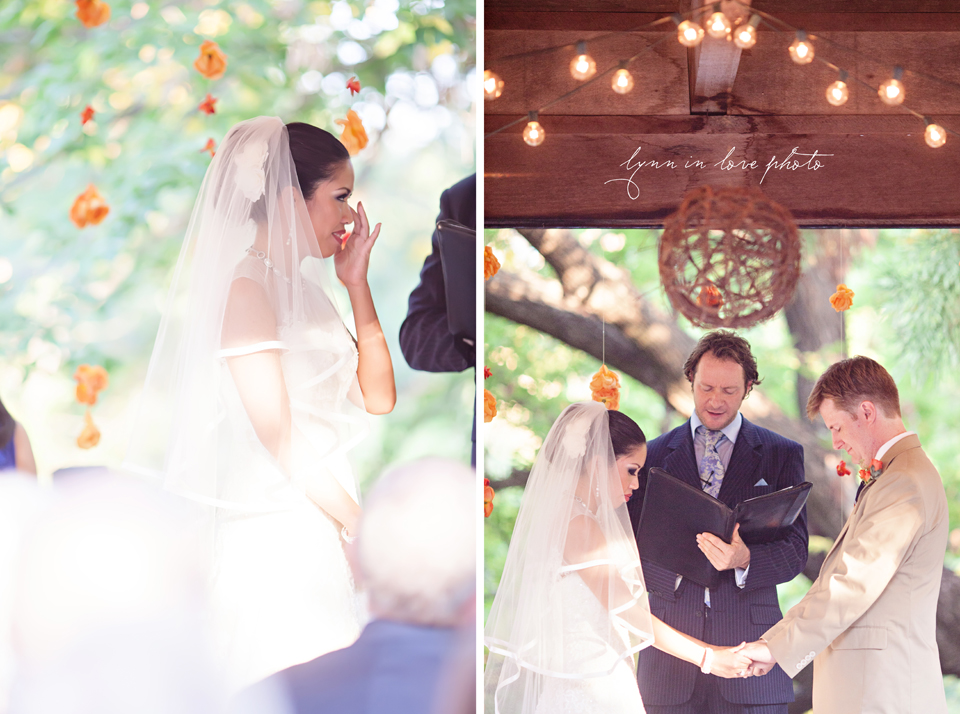 Lanchi and Todd's Rice University and Denver Bronco themed wedding with colorful details during the ceremony at the Ft. Worth Japanese Gardens by Lynn in Love Photo, Dallas Wedding Photographer