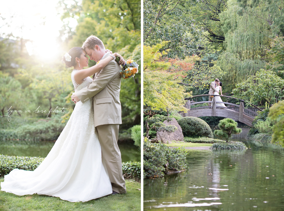 Lanchi and Todd's Rice University and Denver Bronco themed wedding with colorful details  and romantics bride and groom Day After Portraits at the Moon Bridge at the Ft. Worth Japanese Gardens by Lynn in Love Photo, Dallas Wedding Photographer