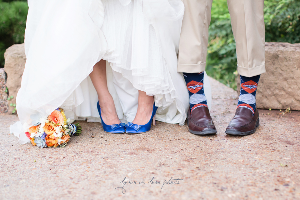 Lanchi and Todd's Rice University and Denver Bronco themed wedding with colorful details with shoe shot at the Ft. Worth Japanese Gardens by Lynn in Love Photo, Dallas Wedding Photographer