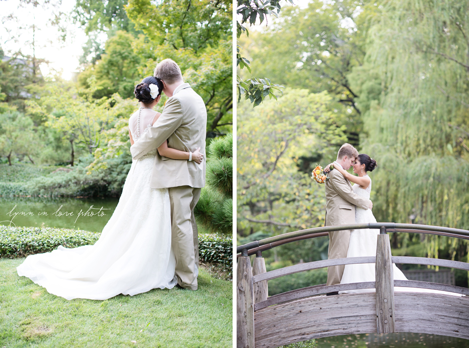 Lanchi and Todd's Rice University and Denver Bronco themed wedding with colorful details  and romantics bride and groom Day After Portraits at the Moon Bridge at the Ft. Worth Japanese Gardens by Lynn in Love Photo, Dallas Wedding Photographer