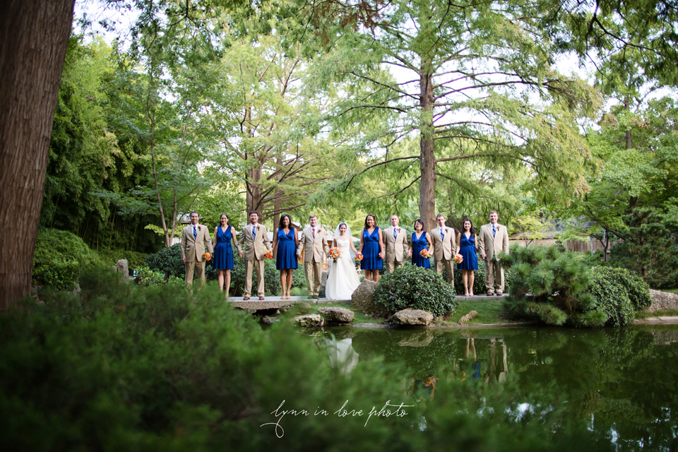 Lanchi and Todd's Rice University and Denver Bronco themed wedding with colorful details with bridal party pictures at the Ft. Worth Japanese Gardens by Lynn in Love Photo, Dallas Wedding Photographer