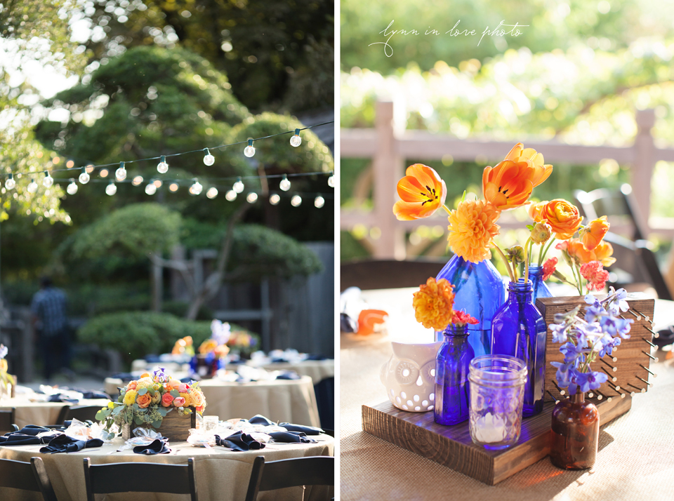 Lanchi and Todd's Rice University and Denver Bronco themed wedding with colorful blue and orange details during reception at the Ft. Worth Japanese Gardens by Lynn in Love Photo, Dallas Wedding Photographer
