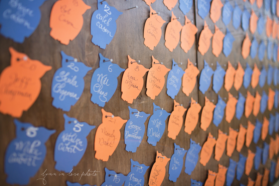 Lanchi and Todd's Rice University and Denver Bronco themed wedding with colorful blue and orange details with owl shaped sign in table at the Ft. Worth Japanese Gardens by Lynn in Love Photo, Dallas Wedding Photographer