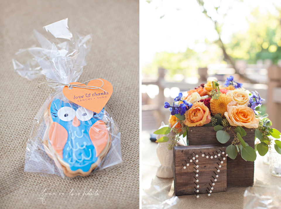 Lanchi and Todd's Rice University and Denver Bronco themed wedding with colorful blue and orange details with owls during reception at the Ft. Worth Japanese Gardens by Lynn in Love Photo, Dallas Wedding Photographer