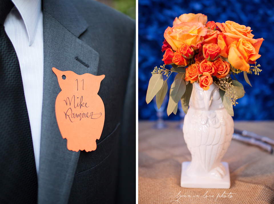 Lanchi and Todd's Rice University and Denver Bronco themed wedding with colorful blue and orange details with owls during reception at the Ft. Worth Japanese Gardens by Lynn in Love Photo, Dallas Wedding Photographer