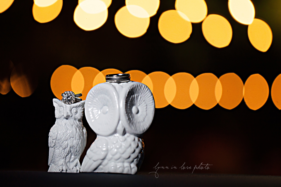 Lanchi and Todd's Rice University and Denver Bronco themed wedding with colorful blue and orange details with rign shots on owls during reception at the Ft. Worth Japanese Gardens by Lynn in Love Photo, Dallas Wedding Photographer
