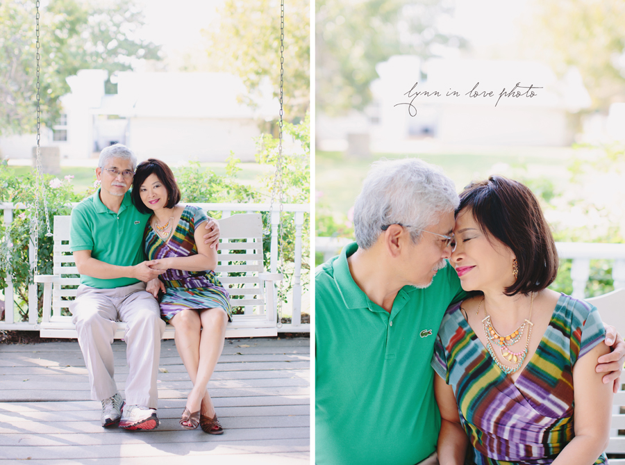 Mom and Dad Holiday Love Shoot at outdoor studio with porch swing with colorful outfits by Lynn in Love Photographer, Dallas Ft. Worth Portrait Photographer