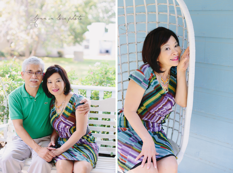 Mom and Dad Holiday Love Shoot at outdoor studio and porch swing with colorful outfits by Lynn in Love Photographer, Dallas Ft. Worth Portrait Photographer