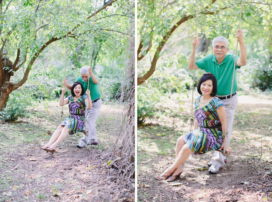 Mom and Dad Holiday Love Shoot at outdoor studio with colorful outfits and tree swing by Lynn in Love Photographer, Dallas Ft. Worth Portrait Photographer