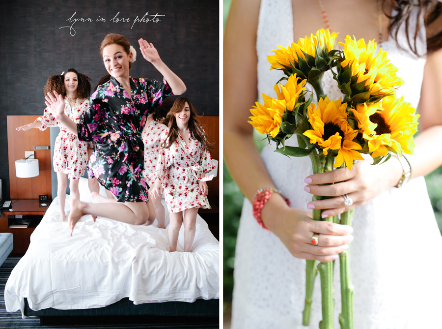 Bridal party getting ready in matching robes and jumping on beds by Lynn in Love Photo, Dallas and Houston Wedding Photographer
