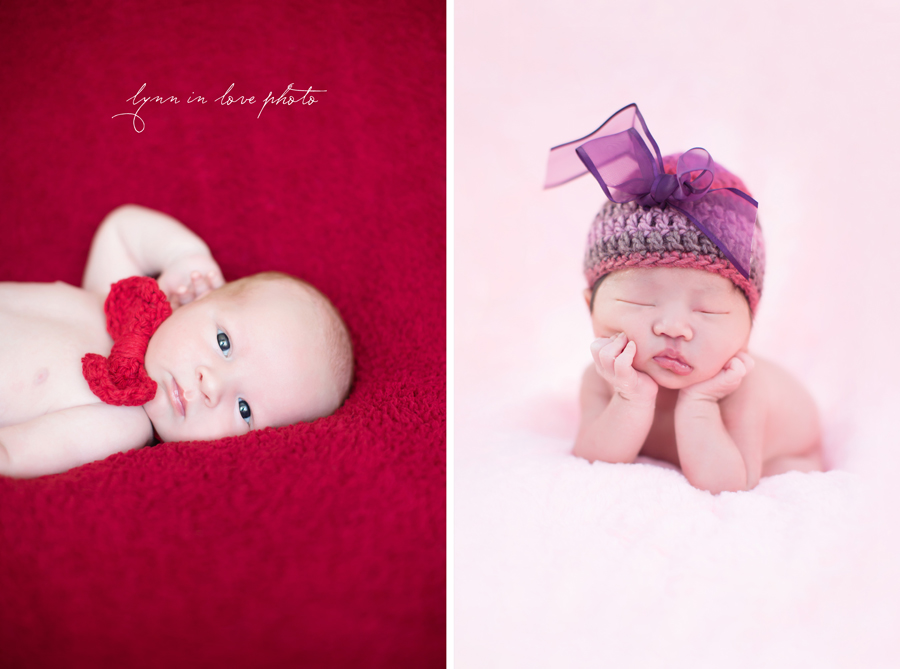 newborn girl with purple hat and head in hands pose by Lynn in Love Photo, Dallas and Houston Newborn Photographer