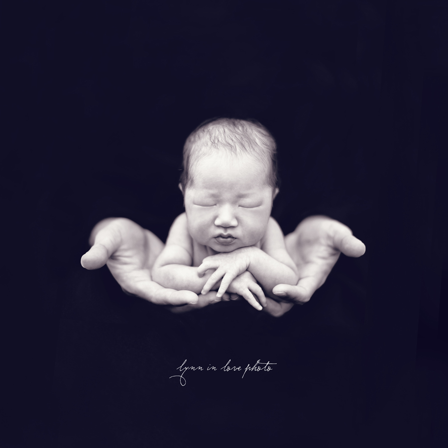 black and white images of newborn in father's hands by Lynn in Love Photo, Dallas and Houston Newborn Photographer