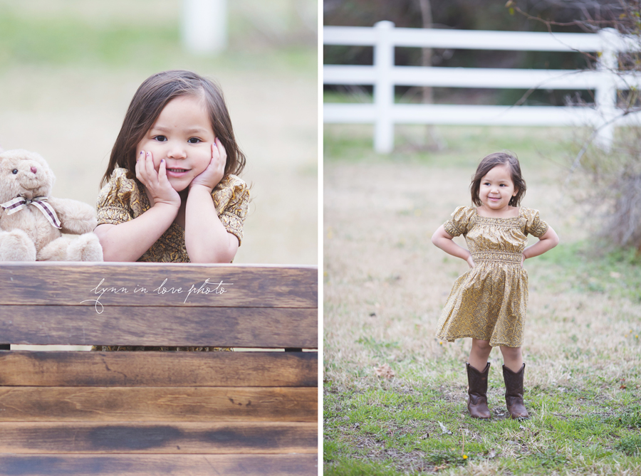 Mia's 3 three year old girl birthday pictures in her anthropologie inspired sundress and cowboy boots at the outdoor studio by Lynn in Love Photo, Dallas and Houston Family and children photographer