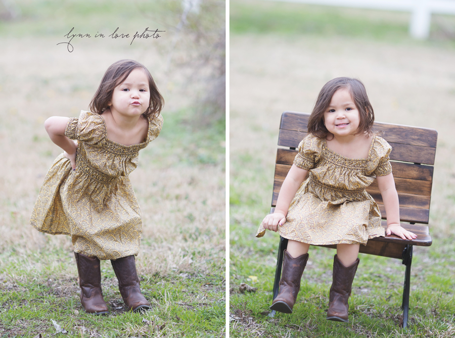 Mia's 3 three year old girl birthday pictures in her anthropologie inspired sundress and cowboy boots at the outdoor studio by Lynn in Love Photo, Dallas and Houston Family and children photographer