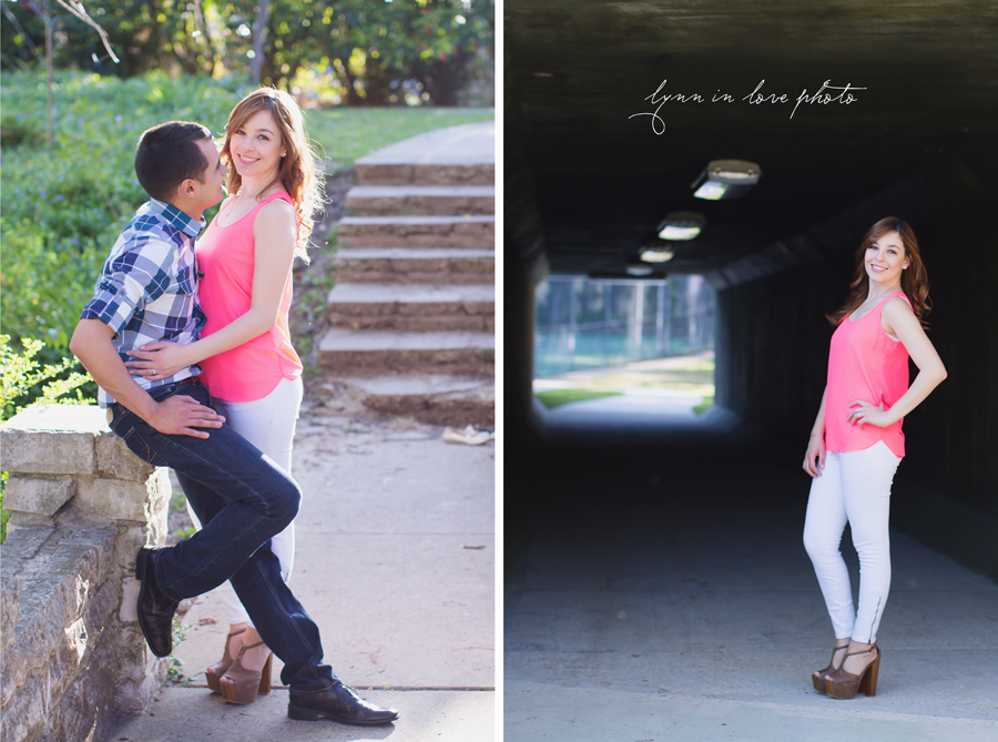 Cute couple in bright pink shirt and tunnel by Lynn in Love Photo, Dallas and Houston Portrait photographer
